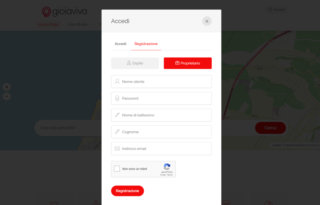 Schermata Registrazione Proprietario